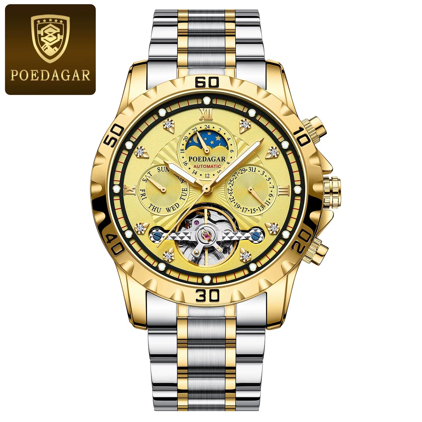 Luxury Automatic Mechanical Watch Tourbillon Waterproof Luminous Date Week Men Wristwatch Stainless Steel Men'S Watches