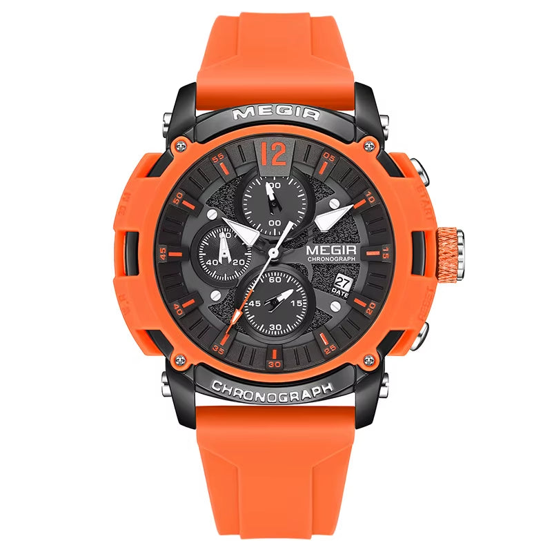 Orange Sport Watches for Men Fashion Waterproof Luminous Chronograph Quartz Wristwatch Auto Date Silicone Strap 2208 Reloj