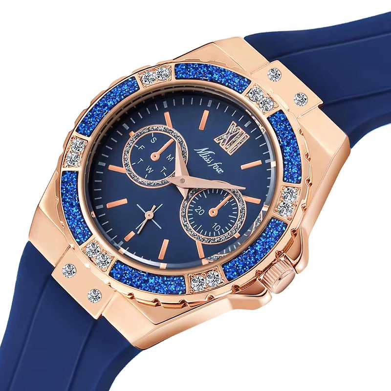 Women'S Watches Chronograph Rose Gold Sport Watch Ladies Diamond Blue Rubber Band Xfcs Analog Female Quartz Wristwatch