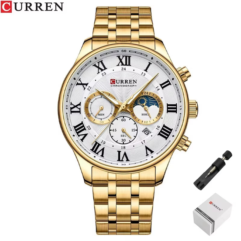 8427 Men'S Quartz Watch Chronograph Calendar Stainless Steel Luminous Business Watches Male Часы Мужские Наручные