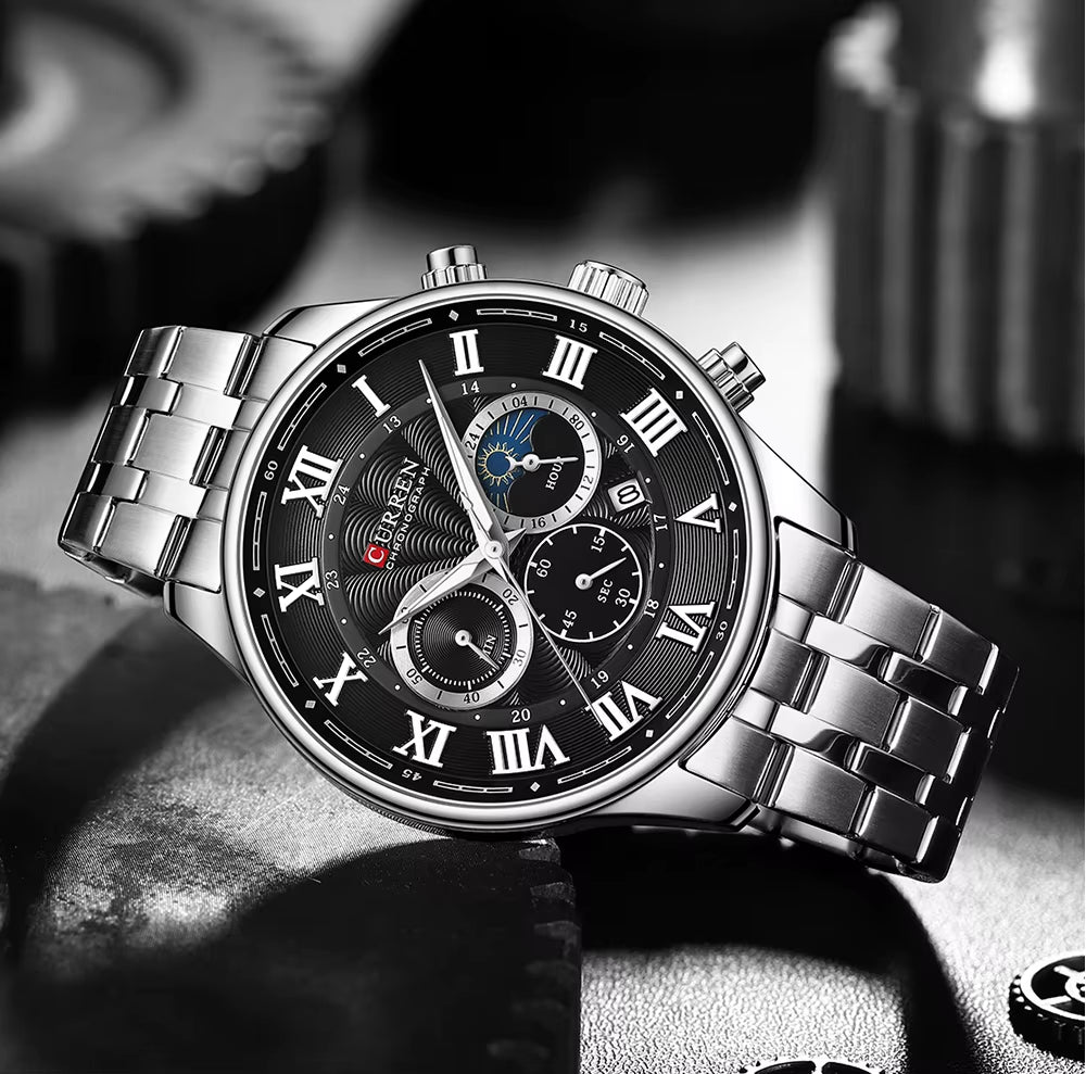 8427 Men'S Quartz Watch Chronograph Calendar Stainless Steel Luminous Business Watches Male Часы Мужские Наручные