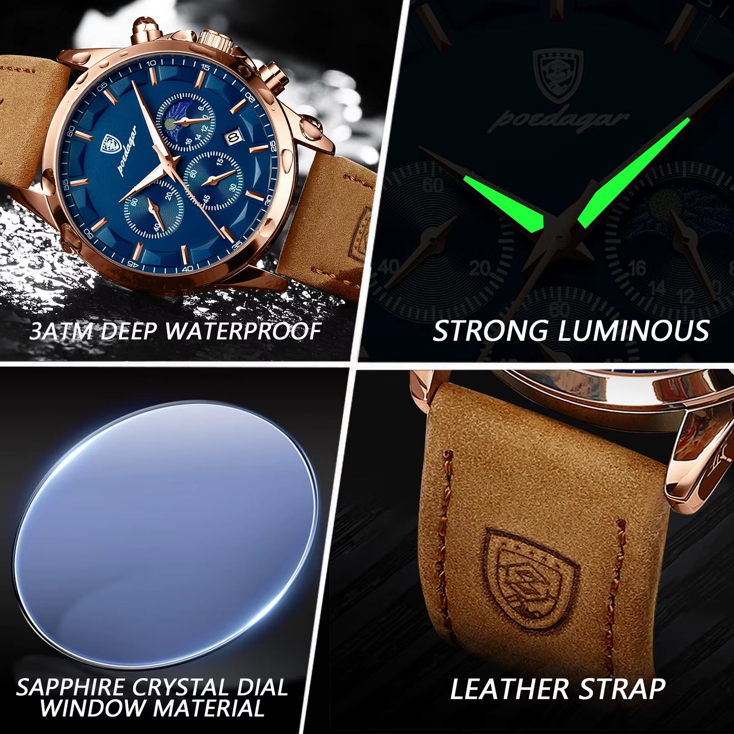 Luxury Man Wristwatch Sports Leather Men Quartz Watch Waterproof Luminous Calendar Chronograph Men'S Watches Male Clock