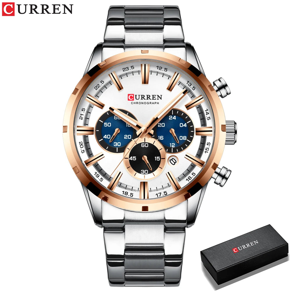 Men'S Watch Blue Dial Stainless Steel Band Date Mens Business Male Watches Waterproof Luxuries Men Wrist Watches for Men
