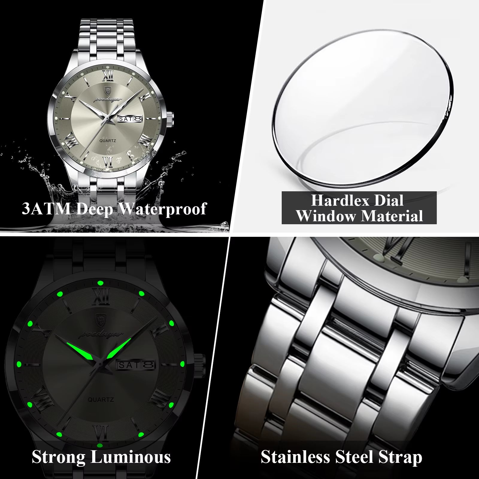 Luxury Fashion Men Clock Waterproof Luminous Week Date Sports Man Wristwatch Stainless Steel Men'S Quartz Watches Reloj