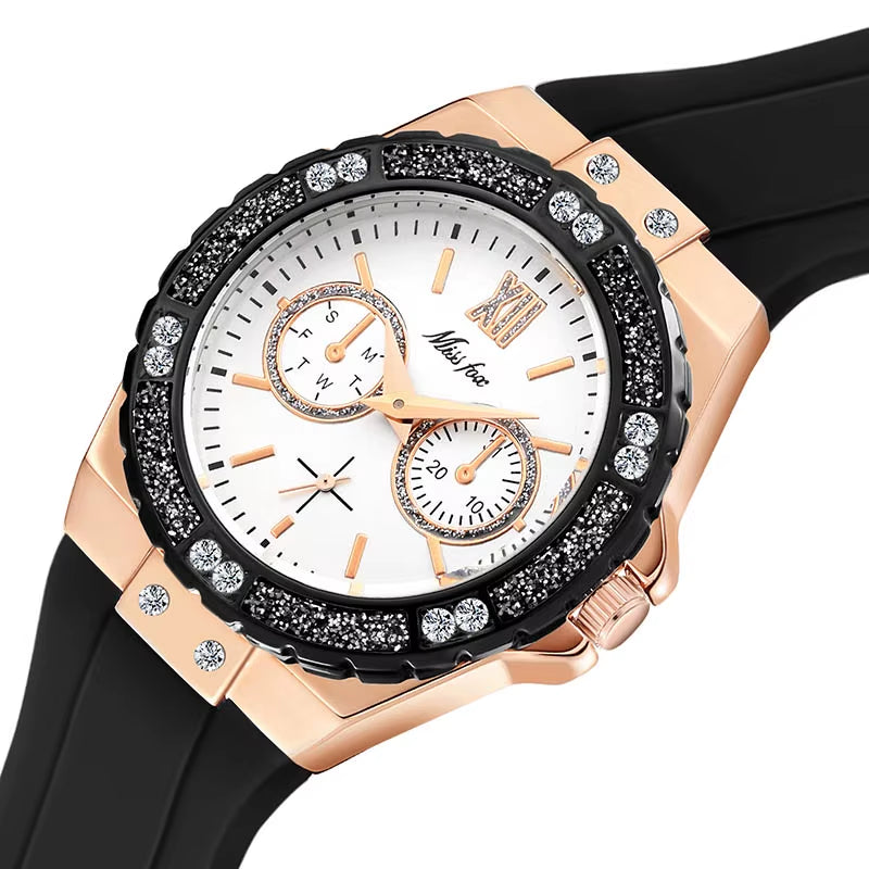Women'S Watches Chronograph Rose Gold Sport Watch Ladies Diamond Blue Rubber Band Xfcs Analog Female Quartz Wristwatch