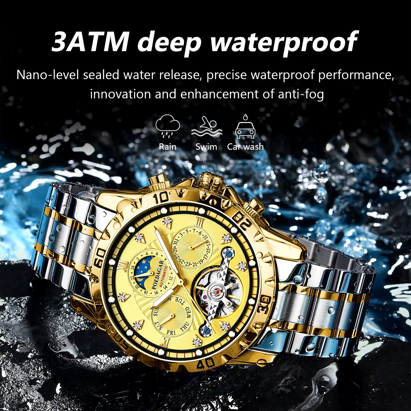Luxury Automatic Mechanical Watch Tourbillon Waterproof Luminous Date Week Men Wristwatch Stainless Steel Men'S Watches
