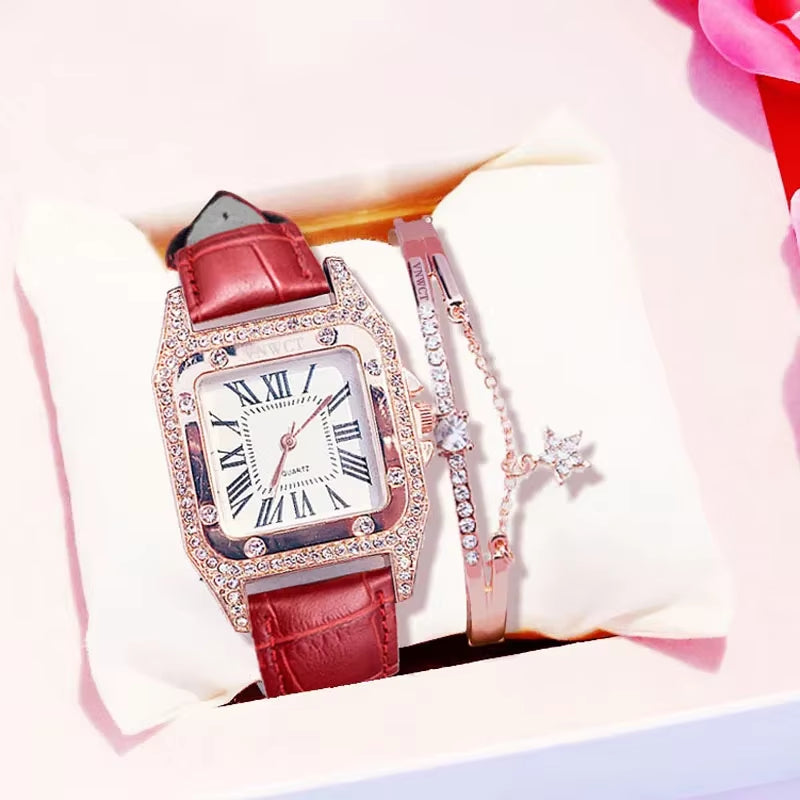 Women Diamond Watch Starry Luxury Bracelet Set Watches Ladies Casual Leather Band Quartz Wristwatch Female Clock Zegarek Damski