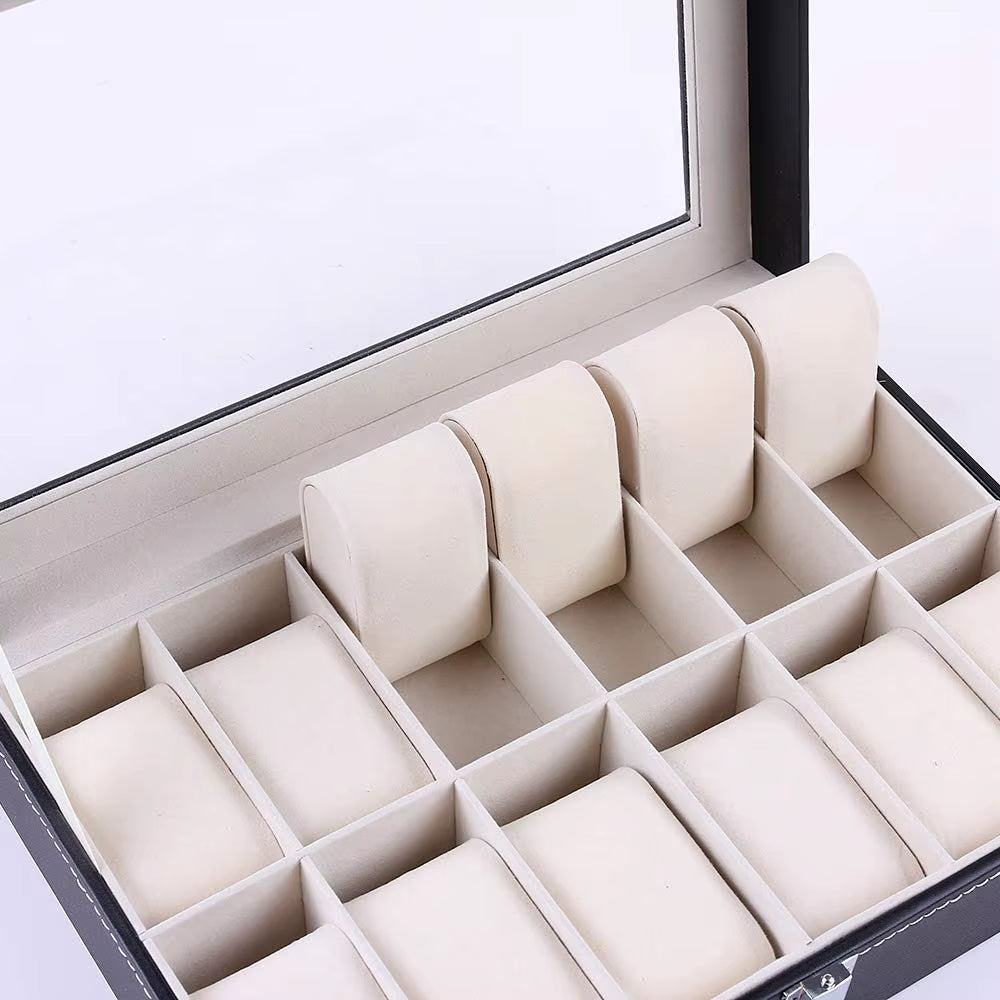 Large 6/10/12 Grids PU Leather Watch Box Storage Professional Holder Organizer for Watches Jewelry Boxes Case Display Black