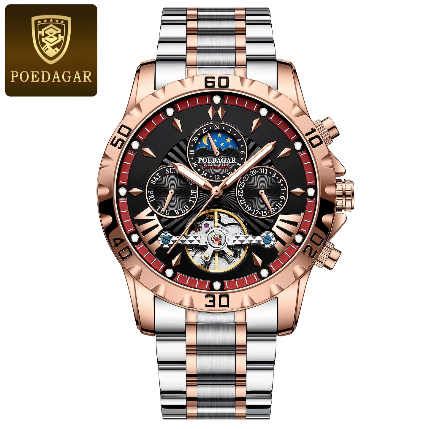 Luxury Automatic Mechanical Watch Tourbillon Waterproof Luminous Date Week Men Wristwatch Stainless Steel Men'S Watches
