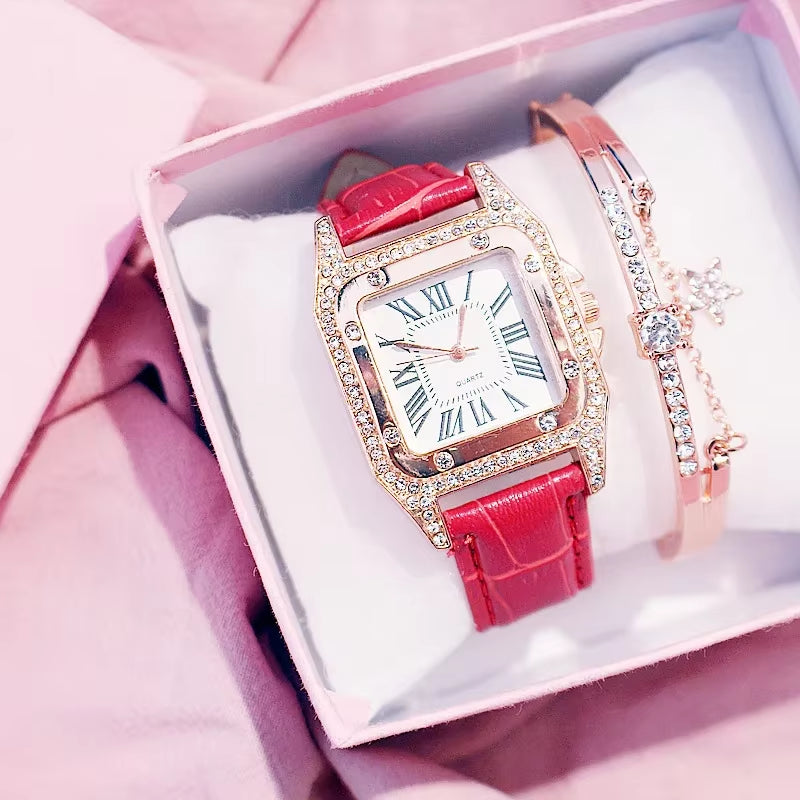 Women Diamond Watch Starry Luxury Bracelet Set Watches Ladies Casual Leather Band Quartz Wristwatch Female Clock Zegarek Damski