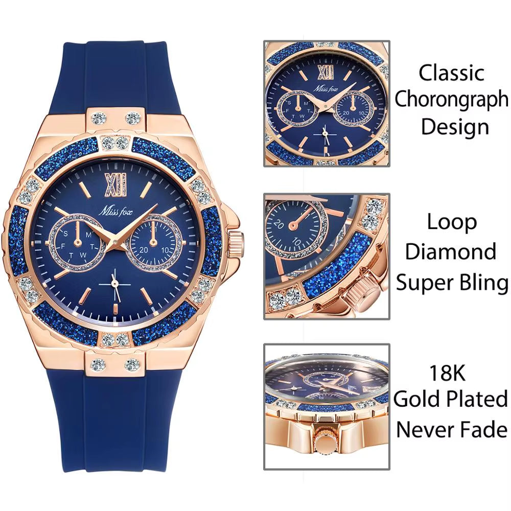 Women'S Watches Chronograph Rose Gold Sport Watch Ladies Diamond Blue Rubber Band Xfcs Analog Female Quartz Wristwatch