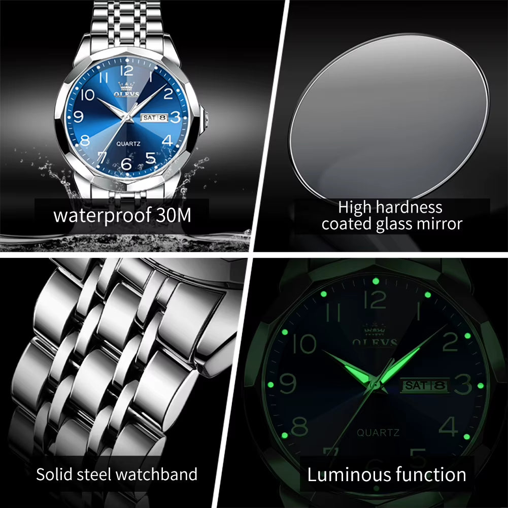 No.9970 Men'S Watches Rhombus Mirror Fashion Original Quartz Wristwatch Large Arabic Numeral Dial Waterproof Luminous