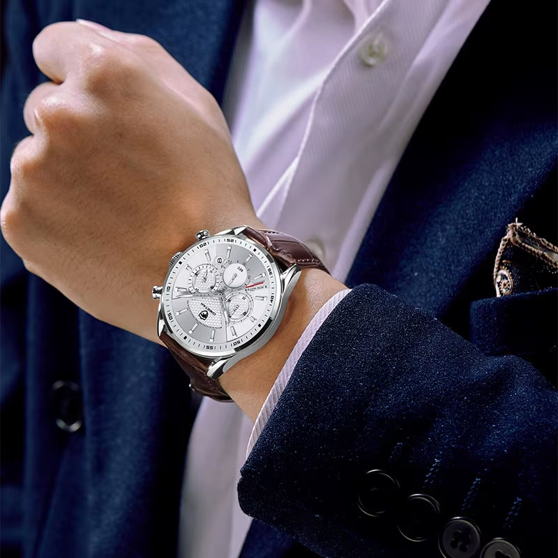 New  Mens Watches Top Luxury Brand Casual Quartz Watch Men Chronograph Waterproof Wristwatch Leather Date Sport Clock