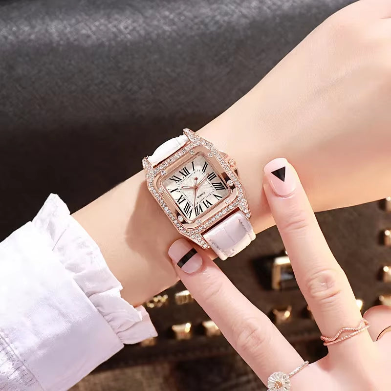 Women Diamond Watch Starry Luxury Bracelet Set Watches Ladies Casual Leather Band Quartz Wristwatch Female Clock Zegarek Damski