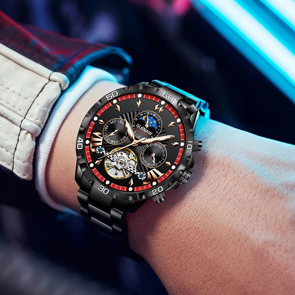 High Quality Mens Business Watch Gentleman Style Stainless Steel Leisure Mechanical Watch Clock Luminous Black Watches