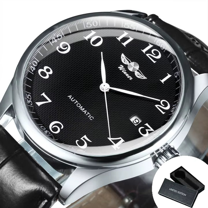 Winner Classic Business Watch for Men Retro Calendar Blue Hands Automatic Mechanical Watches Top Brand Luxury Steel Leather Belt