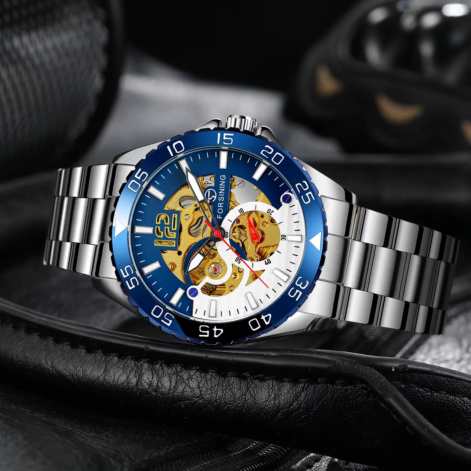 Steampunk Skeleton Mens Watch Blue Rotatable Bezel Luxury Automatic Mechanical Watches Stainless Steel Band Wristwatch
