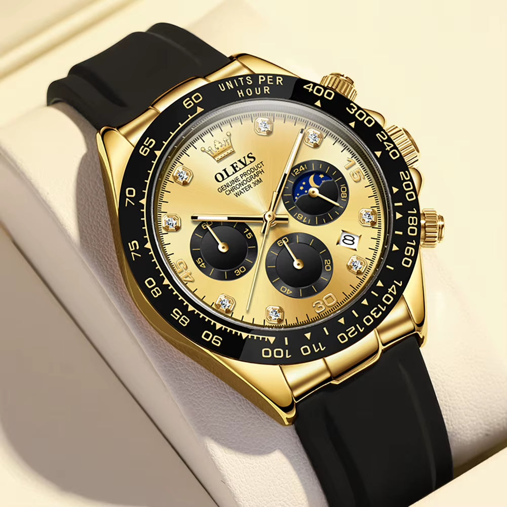 Top Brand Men'S Watches Classic Retro Wristwatch for Man Waterproof Silicone Strap Luminous Moon Phase Chronograph Fashion