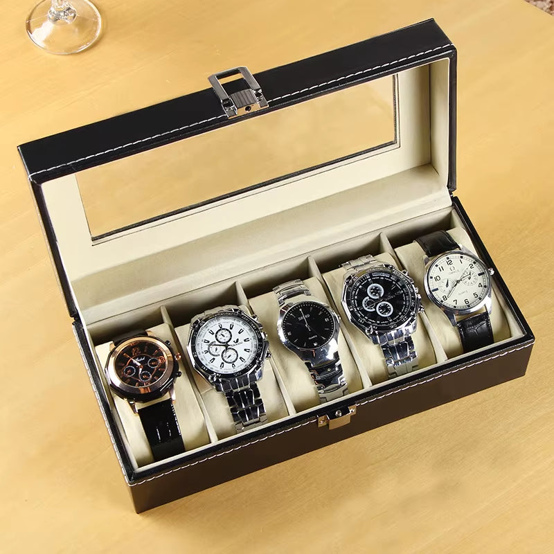 Large 6/10/12 Grids PU Leather Watch Box Storage Professional Holder Organizer for Watches Jewelry Boxes Case Display Black