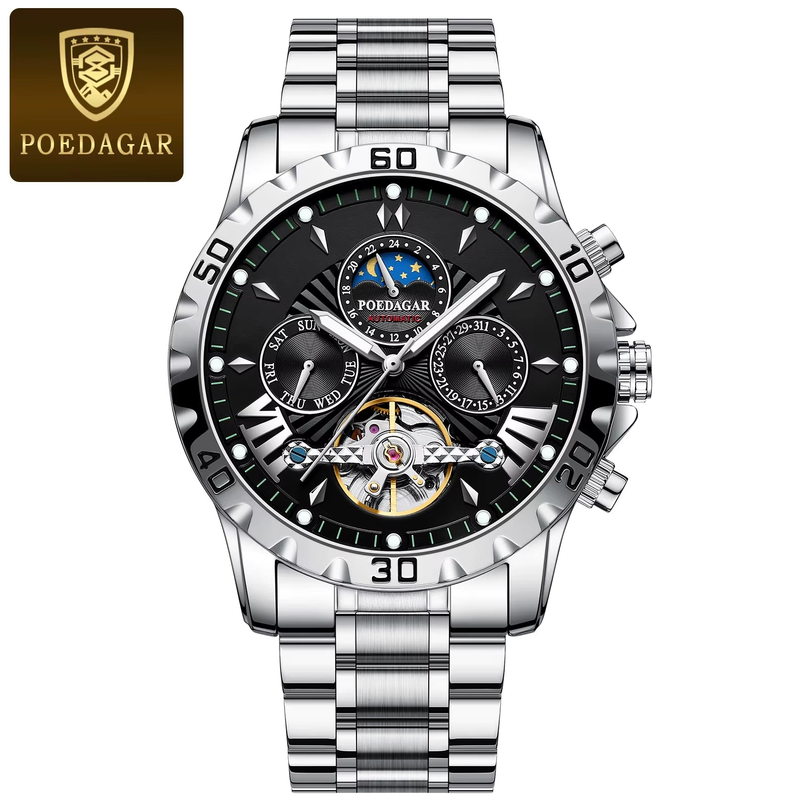 Luxury Automatic Mechanical Watch Tourbillon Waterproof Luminous Date Week Men Wristwatch Stainless Steel Men'S Watches